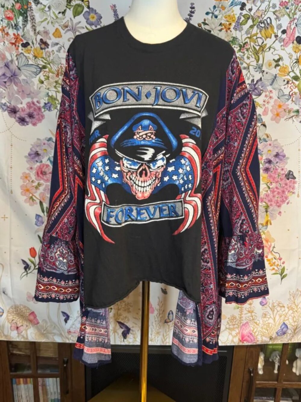 Bon Jovi Upcycled Graphic Tour T-Shirt with Flowy Sheer Sleeves - OSFM